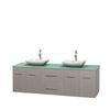 Centra 72 In. Double Vanity in Gray Oak with Green Glass Top with White Carrera Sinks and No Mirror