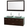 Centra 60 In. Double Vanity in Espresso with Green Glass Top with White Carrera Sinks and 58 In. Mirror