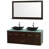 Centra 60 In. Double Vanity in Espresso with Green Glass Top with Black Granite Sinks and 58 In. Mirror