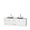 Centra 72 In. Double Vanity in White with Solid SurfaceTop with White Carrera Sinks and No Mirror