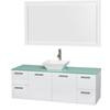 Amare 60 In. Single Glossy White Bathroom Vanity, Green Glass Top, White Sink, 58 In. Mirror