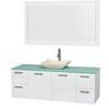 Amare 60 In. Single Glossy White Bathroom Vanity, Green Glass Top, Ivory Marble Sink, 58 In. Mirror