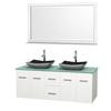 Centra 60 In. Double Vanity in White with Green Glass Top with Black Granite Sinks and 58 In. Mirror