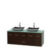 Centra 60 In. Double Vanity in Espresso with Green Glass Top with Black Granite Sinks and No Mirror