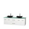 Centra 72 In. Double Vanity in White with Green Glass Top with Black Granite Sinks and No Mirror