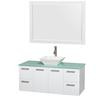 Amare 48 In. Single Glossy White Bathroom Vanity, Green Glass Top, White Sink, 46 In. Mirror