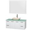 Amare 48 In. Single Glossy White Bathroom Vanity, Green Glass Top, Ivory Marble Sink, 46 In. Mirror