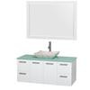 Amare 48 In. Single Glossy White Bathroom Vanity, Green Glass Top, White Carrera Sink, 46 In. Mirror