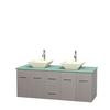 Centra 60 In. Double Vanity in Gray Oak with Green Glass Top with Bone Porcelain Sinks and No Mirror