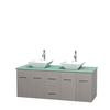 Centra 60 In. Double Vanity in Gray Oak with Green Glass Top with White Porcelain Sinks and No Mirror