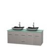 Centra 60 In. Double Vanity in Gray Oak with Green Glass Top with Black Granite Sinks and No Mirror