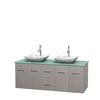 Centra 60 In. Double Vanity in Gray Oak with Green Glass Top with White Carrera Sinks and No Mirror