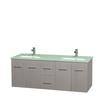 Centra 60 In. Double Vanity in Gray Oak with Green Glass Top with Square Sinks and No Mirror