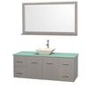 Centra 60 In. Single Vanity in Gray Oak with Green Glass Top with Bone Porcelain Sink and 58 In. Mirror