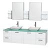 Amare 72 In. Double Bathroom Vanity in Glossy White, Green Glass Top, White Carrera Sinks, Med Cabinet