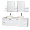 Amare 72 In. Double Bathroom Vanity in Glossy White, Solid SurfaceTop, Bone Porcelain Sinks,Med Cabinet