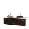 Centra 72 In. Double Vanity in Espresso with White Carrera Top with Black Granite Sinks and No Mirror