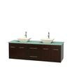 Centra 72 In. Double Vanity in Espresso with Green Glass Top with Bone Porcelain Sinks and No Mirror