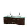 Centra 72 In. Double Vanity in Espresso with Green Glass Top with White Porcelain Sinks and No Mirror