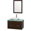 Amare 36 In. Single Espresso Bathroom Vanity, Green Glass Top, White Carrera Sink, 24 In. Mirror