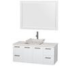 Amare 48 In. Single Glossy White Bathroom Vanity, Solid SurfaceTop, White Carrera Sink, 46 In. Mirror