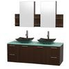 Amare 60 In. Double Espresso Bathroom Vanity, Green Glass Top, Black Granite Sinks, Medicine Cabinet