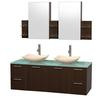 Amare 60 In. Double Espresso Bathroom Vanity, Green Glass Top, Ivory Marble Sinks, Medicine Cabinet
