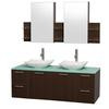 Amare 60 In. Double Espresso Bathroom Vanity, Green Glass Top, White Carrera Sinks, Medicine Cabinet