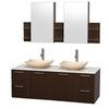 Amare 60 In. Double Espresso Bathroom Vanity, Solid SurfaceTop, Ivory Marble Sinks, Medicine Cabinet