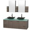 Amare 60 In. Double Grey Oak Bathroom Vanity, Green Glass Top, Black Granite Sinks, Medicine Cabinet