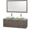 Amare 60 In. Double Grey Oak Bathroom Vanity, Green Glass Top, Ivory Marble Sinks, 58 In. Mirror