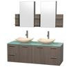 Amare 60 In. Double Grey Oak Bathroom Vanity, Green Glass Top, Ivory Marble Sinks, Medicine Cabinet