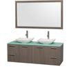 Amare 60 In. Double Grey Oak Bathroom Vanity, Green Glass Top, White Carrera Sinks, 58 In. Mirror