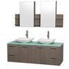 Amare 60 In. Double Grey Oak Bathroom Vanity, Green Glass Top, White Carrera Sinks, Medicine Cabinet
