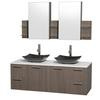 Amare 60 In. Double Grey Oak Bathroom Vanity, Solid SurfaceTop, Black Granite Sinks, Medicine Cabinet