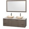 Amare 60 In. Double Grey Oak Bathroom Vanity, Solid SurfaceTop, Ivory Marble Sinks, 58 In. Mirror