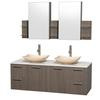 Amare 60 In. Double Grey Oak Bathroom Vanity, Solid SurfaceTop, Ivory Marble Sinks, Medicine Cabinet