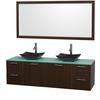 Amare 72 In. Double Espresso Bathroom Vanity, Green Glass Top, Black Granite Sinks, 70 In. Mirror
