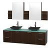 Amare 72 In. Double Espresso Bathroom Vanity, Green Glass Top, Black Granite Sinks, Medicine Cabinet