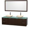 Amare 72 In. Double Espresso Bathroom Vanity, Green Glass Top, Ivory Marble Sinks, 70 In. Mirror