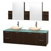 Amare 72 In. Double Espresso Bathroom Vanity, Green Glass Top, Ivory Marble Sinks, Medicine Cabinet