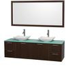 Amare 72 In. Double Espresso Bathroom Vanity, Green Glass Top, White Carrera Sinks, 70 In. Mirror