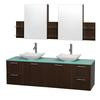 Amare 72 In. Double Espresso Bathroom Vanity, Green Glass Top, White Carrera Sinks, Medicine Cabinet