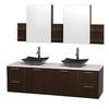 Amare 72 In. Double Espresso Bathroom Vanity, Solid SurfaceTop, Black Granite Sinks, Medicine Cabinet