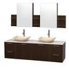 Amare 72 In. Double Espresso Bathroom Vanity, Solid SurfaceTop, Ivory Marble Sinks, Medicine Cabinet