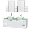 Amare 60 In. Double Bathroom Vanity in Glossy White, Green Glass Top, Bone Porcelain Sinks, Med Cabinet
