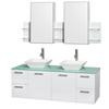 Amare 60 In. Double Bathroom Vanity in Glossy White, Green Glass Top, White Sinks, Medicine Cabinet