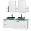 Amare 60 In. Double Bathroom Vanity in Glossy White, Green Glass Top, Black Granite Sinks, Med Cabinet