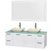 Amare 60 In. Double Bathroom Vanity in Glossy White, Green Glass Top, Ivory Marble Sinks, 58 In. Mirror