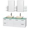 Amare 60 In. Double Bathroom Vanity in Glossy White, Green Glass Top, Ivory Marble Sinks, Med Cabinet
